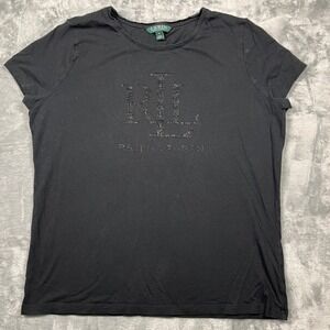 Lauren Ralph Lauren T-Shirt Women Black Rhinestone RLL Logo Short Sleeve XL